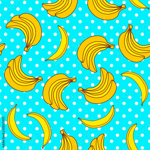 Banana seamless background with a beautiful turquoise background with polka dots. Fresh template.  Childish style, abstract pop art on blue with polka dots.