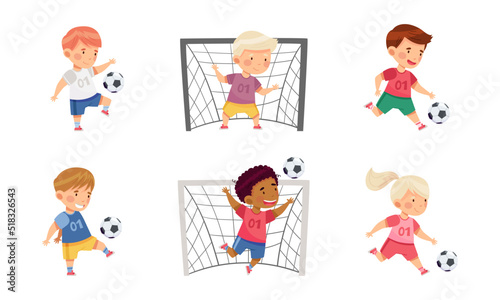 Cute kids playing soccer set. Children kicking ball, goalkeepers standing at gates vector illustration