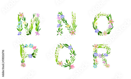 Floral alphabet. M,N,O,P,Q,R letters made of spring flowers and leaves vector illustration