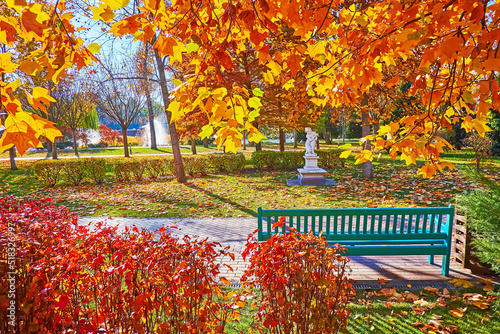 Green bench in autumn park