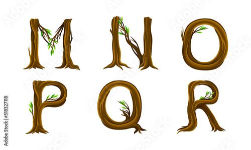 Forest woody alphabet. M,N,O,P,Q,R letters made of bent tree branches vector illustration