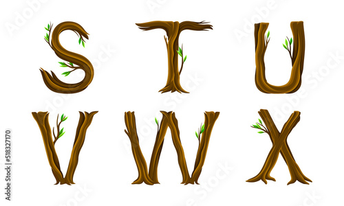 Forest woody alphabet. S,T,U,V,W,X letters made of bent tree branches vector illustration