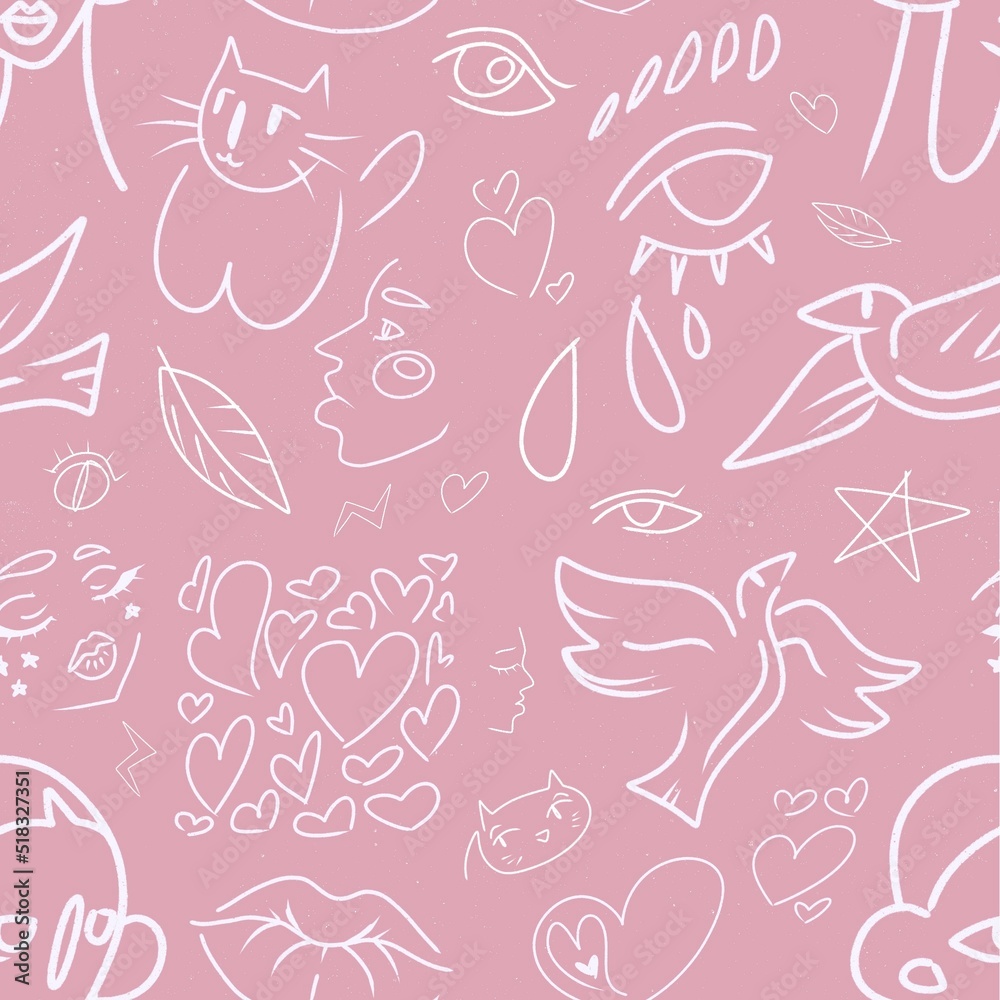 A set of raster images in pencil style on a pink background. Pattern for tattoos, stickers, print, magazines and website. Pictures of a girl, eyes, cat, lips, hearts, birds. A set of raster images in pencil style on a pink background. Pattern for tattoos, stickers, print, magazines and website. Pictures of a girl, eyes, cat, lips, hearts, birds.