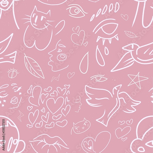 A set of raster images in pencil style on a pink background. Pattern for tattoos, stickers, print, magazines and website. Pictures of a girl, eyes, cat, lips, hearts, birds.