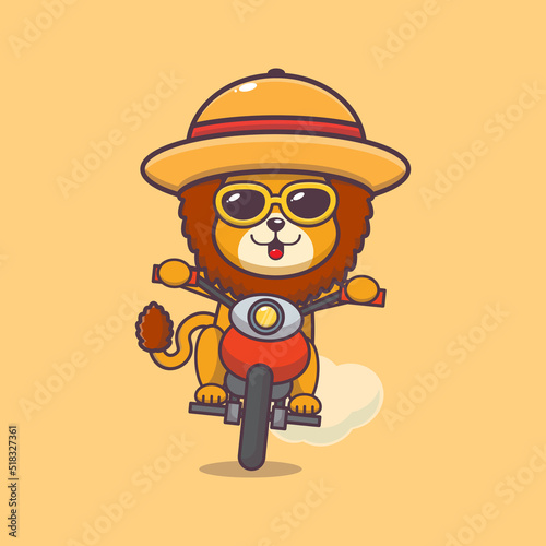 Cool lion cartoon mascot character ride motocycle in summer day