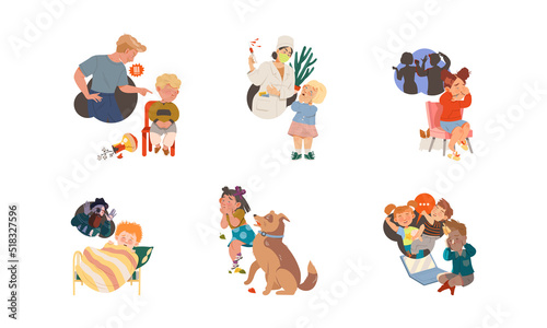 Kids fears and phobias set. Children afraid of monsters, doctors, dogs and cyberbullying vector illustration © Happypictures