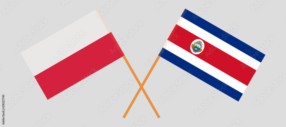 Crossed flags of Poland and Costa Rica. Official colors. Correct proportion