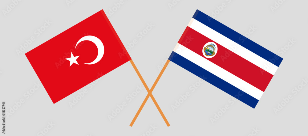 Crossed flags of Turkiye and Costa Rica. Official colors. Correct proportion