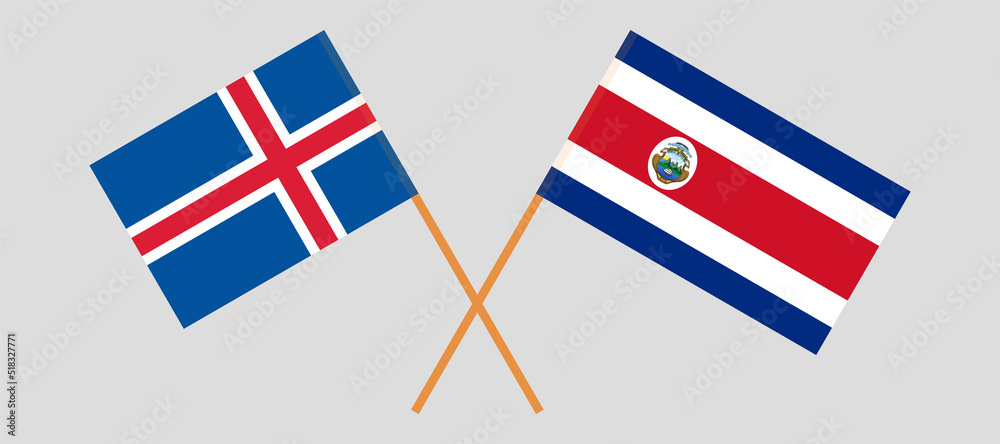 Crossed flags of Iceland and Costa Rica. Official colors. Correct proportion