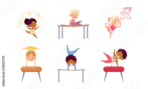 Kids doing rhythmic and sports gymnastics set. Boys and girls exercising parallel bars and pommel horse vector illustration