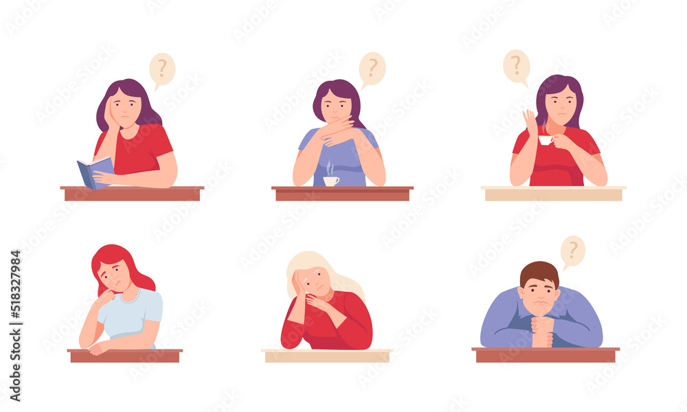 People asking questions set. Puzzled and confused young men and women vector illustration People asking questions set. Puzzled and confused young men and women vector illustration