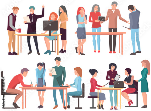 Businesspeople have project strategy planning meeting. Teamwork with business plan, creating new creative project. Meeting to discuss starting business. Colleagues discussing work in entrepreneurship