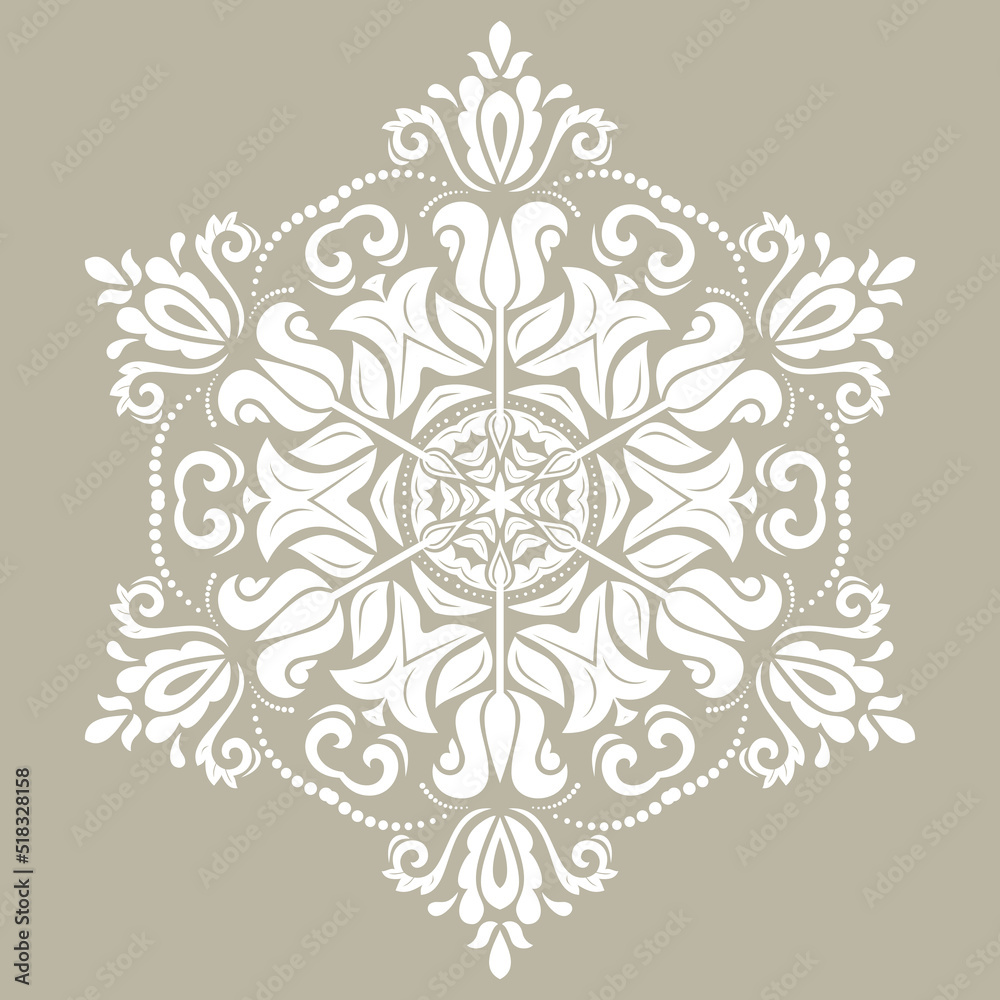 Oriental round white pattern with arabesques and floral elements. Traditional classic white ornament. Vintage pattern with arabesques Oriental round white pattern with arabesques and floral elements. Traditional classic white ornament. Vintage pattern with arabesques