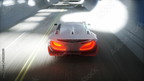 Futuristic sci fi tunnel. futuristic sport car. 3d rendering.