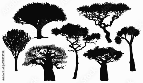 Collection with flat silhouettes of African trees.