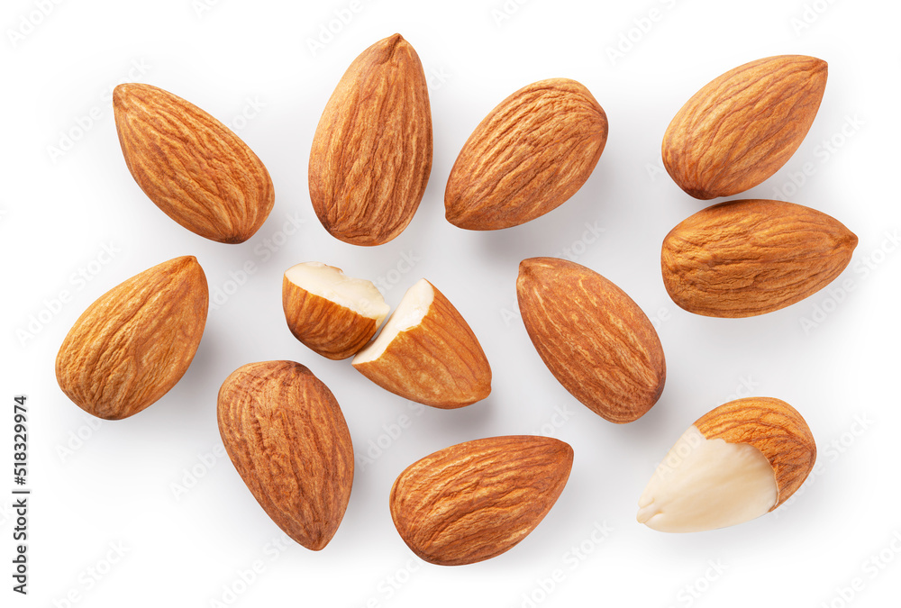 Almonds isolated. Almond set on white background. Almond background top view. With clipping path. Full depth of field. Almonds isolated. Almond set on white background. Almond background top view. With clipping path. Full depth of field.