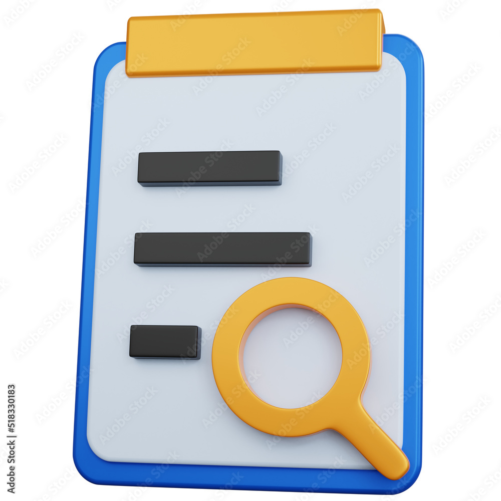 3d rendering blue report task analytic graph with search icon isolated