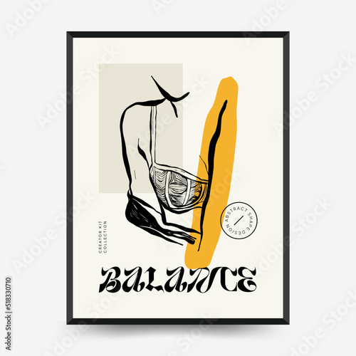 Abstract minimalist aesthetic women with thin lines, floral patterns, plants, woman. Trendy colorful poster template. Vintage boho style.