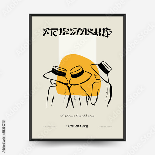 Abstract minimalist aesthetic women with thin lines, floral patterns, plants, woman. Trendy colorful poster template. Vintage boho style.