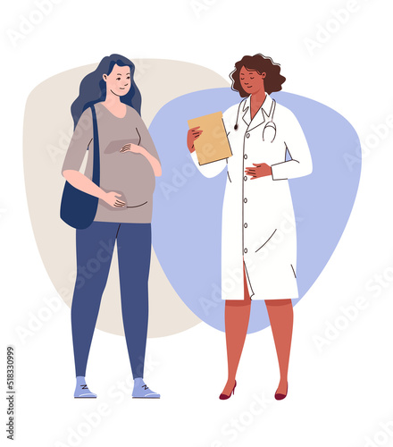 Gynecologist consults pregnant woman in clinic. Patient visits doctor to monitor health of mother and fetus. Concept of prenatal care. Vector characters flat cartoon illustration.