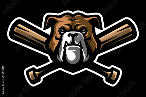 Bulldog and crossed baseball bats. Fighting dogs symbol, sport mascot. T-shirt print.