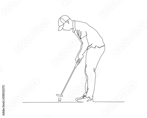 Continuous line drawing of man playing golf. Single one line art concept of professional golfer swinging the stick to hit ball. Golf player mono line design.