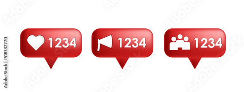 Realistic 3d render of social media icons, likes, reposts, followers. Vector illustration