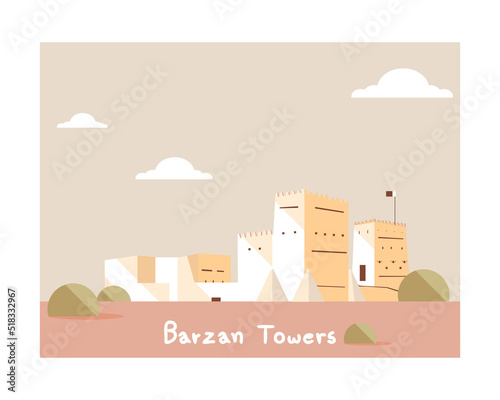 Barzan Tower or Umm Salal Mohammed Fort Towers, are watchtowers built near the sea in the municipality of Umm Salal.Qatar.Vector landmark for Qatar Map