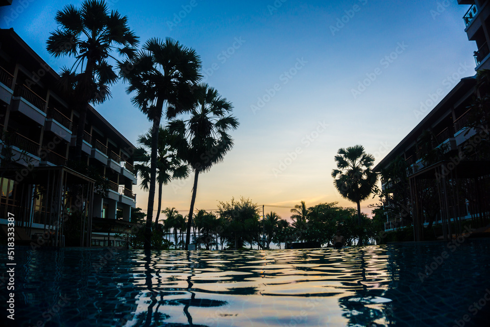 Silhouette sunset resort swimming pool with palm