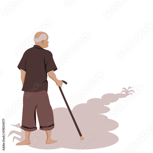 Back side of Lonely old man is walking alone to bowing down.The concept of support and care for older people under the concept of abandoned,lonely .Vector flat isolated design on white background