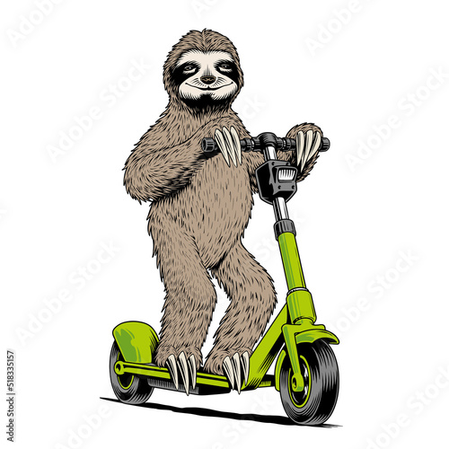 Sloth teenager riding an electric  scooter isolated on white background. Comic style vector illustration.