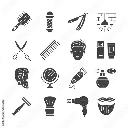 Barbershop glyph icon set. Equipment for shaving and haircut. Scissors, razor, hairbrush, mirror, cologne flat sign. Vector collection.