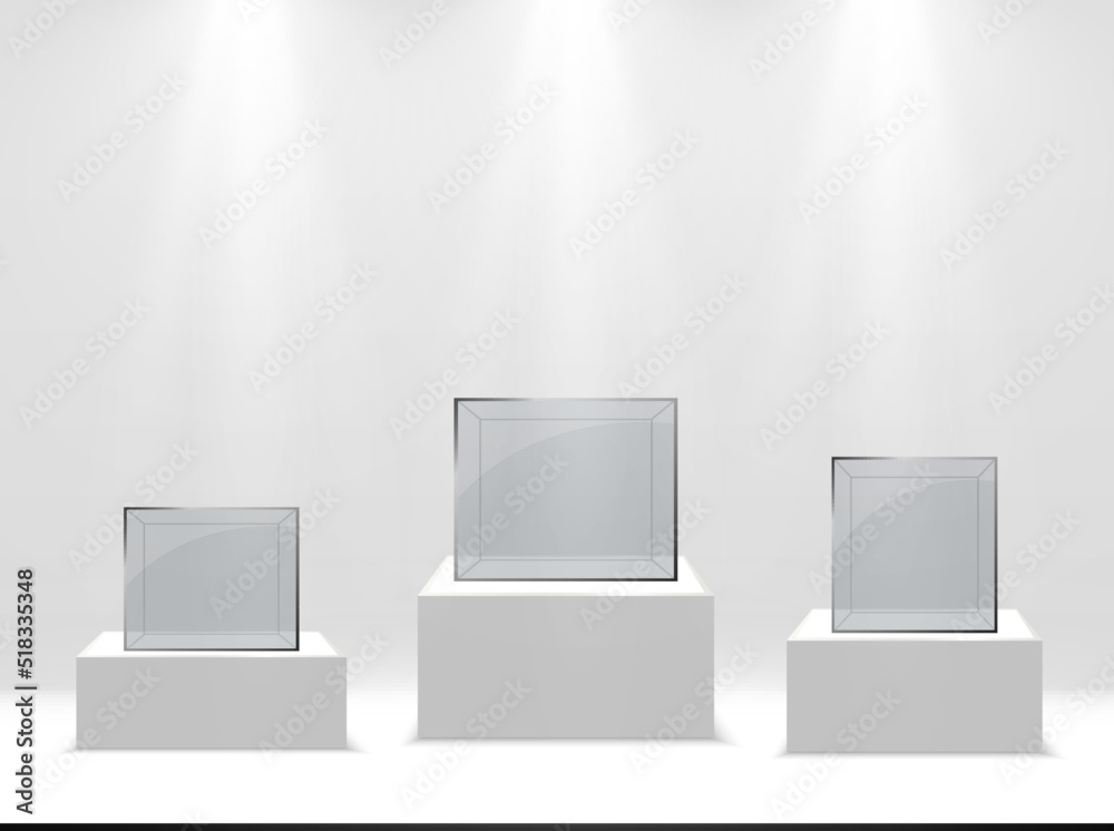 Realistic glass box or container on a white stand Realistic glass box or container on a white stand