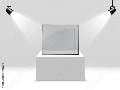 Realistic glass box or container on a white stand
