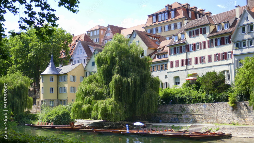 Stocherkähne auf dem Neckar in Tübingen und mit Hölderlinturm