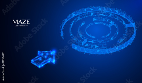 Abstract labyrinth low poly structure business technology concept. Circle maze with arrow wireframe entrance symbol blue background vector.