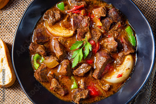 classic beef goulash with peppers and onions