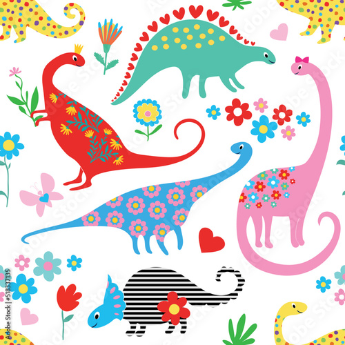 Cute Dinosaurs kids pattern for girls and boys Cartoon Animals on White Creative seamless background hand drawn funny Pink dino for textile and fabric