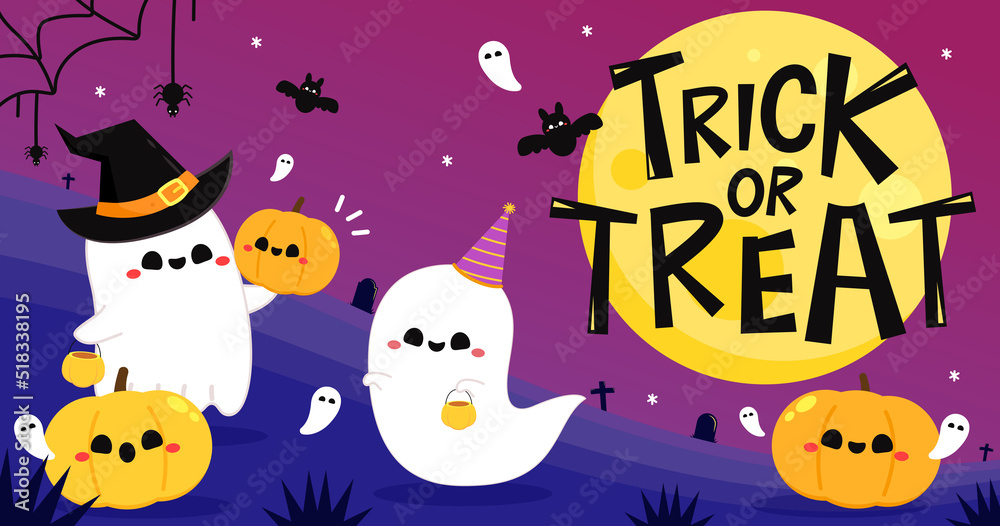 Fototapeta premium Happy halloween party greeting card with cute ghost. Holidays cartoon character. Trick or treat design with cute pumpkin. Halloween funny cartoon.