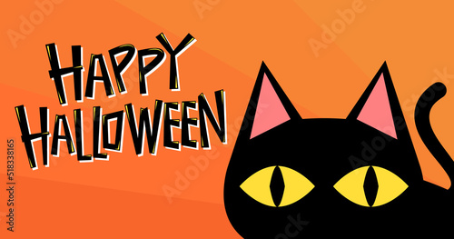 Black cat banner. Black kitten. Funny Cute kawaii cartoon baby character. Happy Halloween. Flat design. White background. Vector