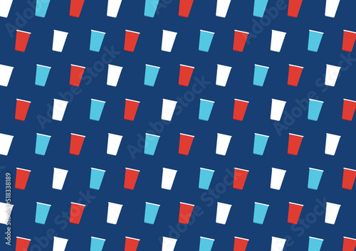 Plastic cup pattern background. wallpaper. Vector Illustration of Beer Pong shot with Pingpong ball. Red, White and blue beer cup.