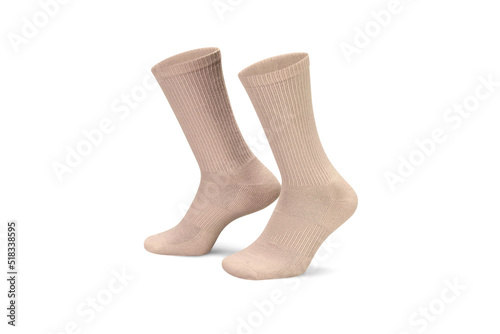 Pair of beige cotton socks isolated on white. Set of short socks for sports as mock up and label for advertising, logo, branding.