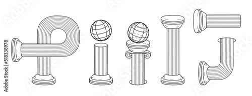 Greek ancient column set vector. Antique pillar in line style. Roman pedestal outline illustration i