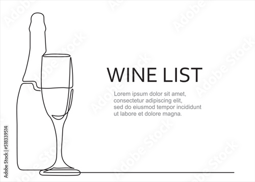 one continuous drawn line of the bottle and a glass drawn from the hand a picture of the silhouette. Line art. a bottle of champagne with a wine glass