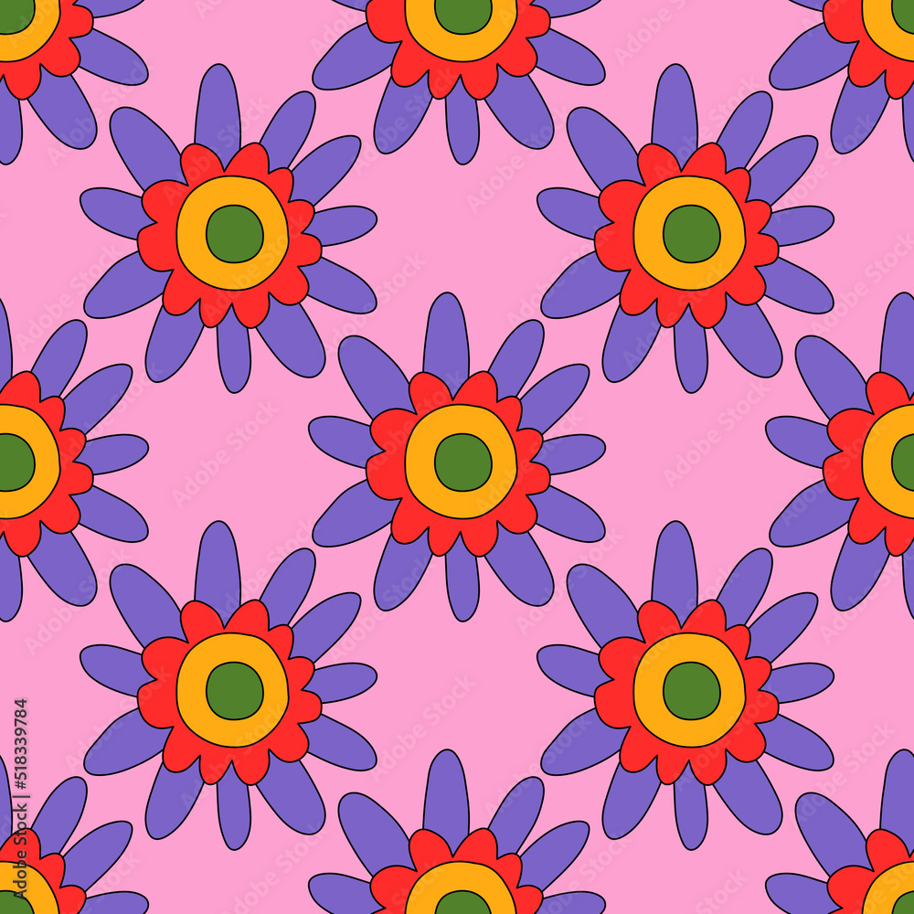 square vector seamless pattern - flower in hippie style.1970 good vibes.Funky and groovy 1970 daisy flower.Funky 1960 psychedelic ornament with floral.Kidcore kawaii wallpaper and fabric.Floral naive square vector seamless pattern - flower in hippie style.1970 good vibes.Funky and groovy 1970 daisy flower.Funky 1960 psychedelic ornament with floral.Kidcore kawaii wallpaper and fabric.Floral naive