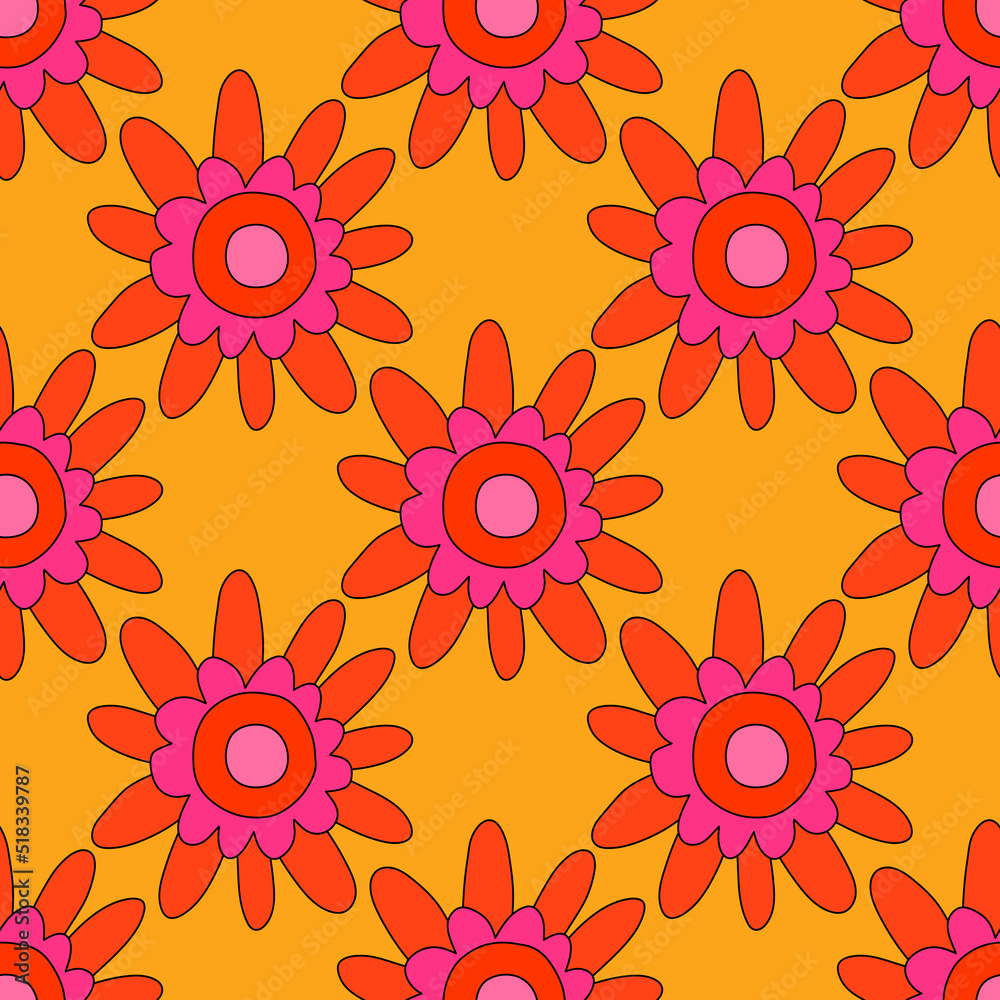 square vector seamless pattern - flower in hippie style.1970 good vibes.Funky and groovy 1970 daisy flower.Funky 1960 psychedelic ornament with floral.Kidcore kawaii wallpaper and fabric.Floral naive