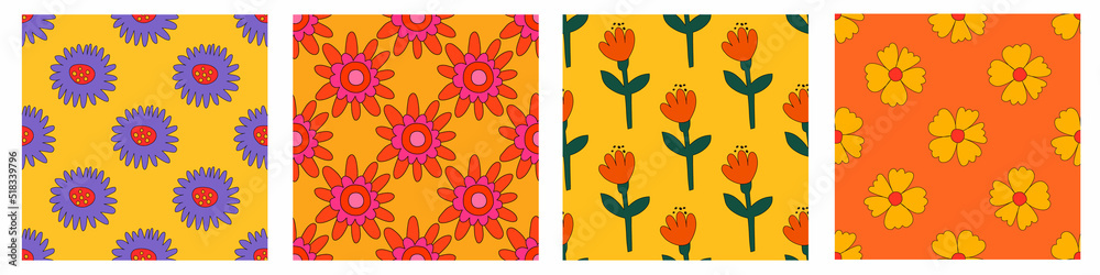 set of vector yellow floral seamless patterns.Hippie psychedelic flowers.1970 good vibes and daisy flower.Funky cottage core ornament collection. square textile with rose and tulip.Vibrant back	