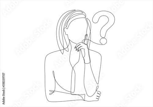 one line drawing of woman wondering, thinking solving problems.