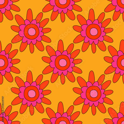 square vector seamless pattern - flower in hippie style.1970 good vibes.Funky and groovy 1970 daisy flower.Funky 1960 psychedelic ornament with floral.Kidcore kawaii wallpaper and fabric.Floral naive