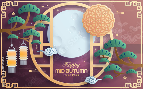 Mid autumn festival paper art style with full moon, moon cake, chinese lantern and rabbits on background.
